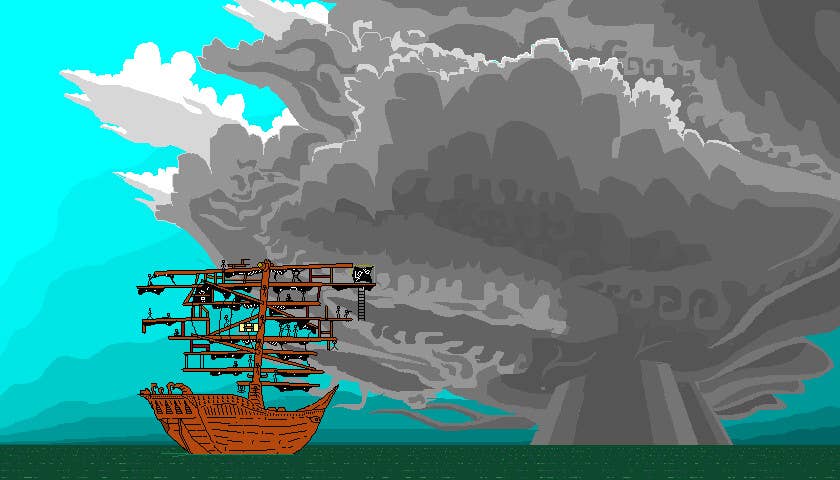 A pirate ship sails towards an imposing grey cloud in Cape Hideous.